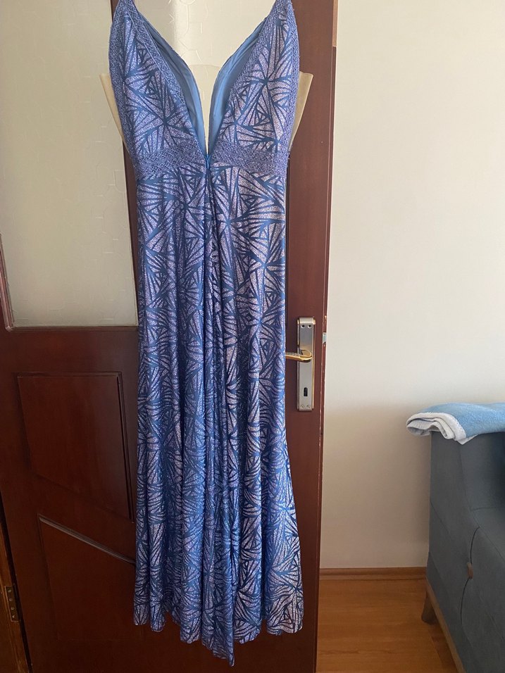 Mavi V Yakalı Uzun  Abiye Elbise - Görsel 5