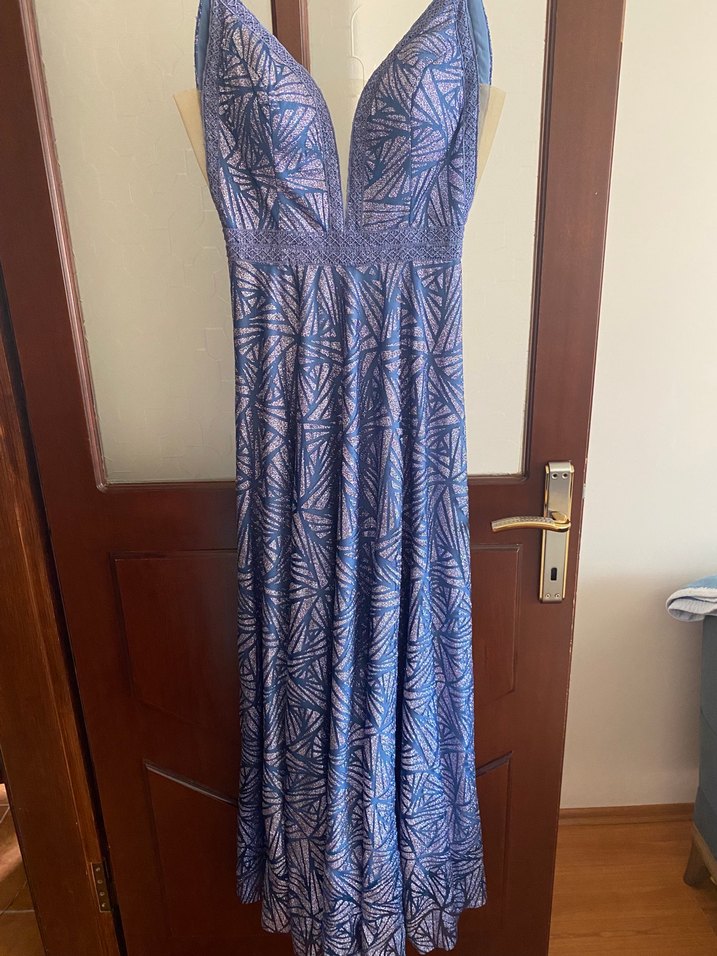 Mavi V Yakalı Uzun  Abiye Elbise - Görsel 4