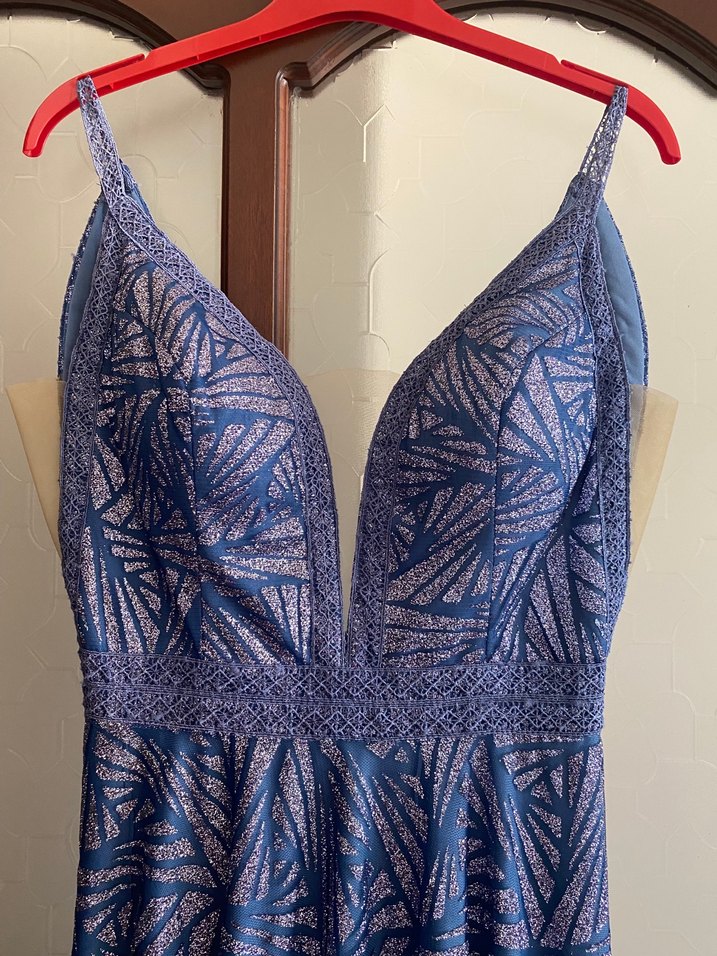 Mavi V Yakalı Uzun  Abiye Elbise - Görsel 3