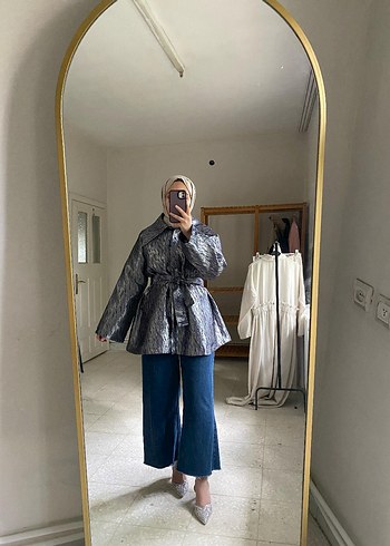 Gri Batik Desenli Kuşaklı Midi jakar Ceket