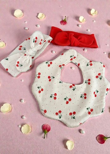 Kiraz Desenli Beyaz Bebek Önlüğü ve Saç Bandı - Görsel 2