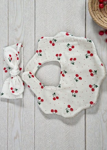 Kiraz Desenli Beyaz Bebek Önlüğü ve Saç Bandı - Görsel 4