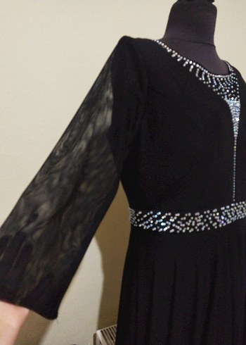 Siyah Uzun Kollu Pul İşlemeli Abiye Elbise - Görsel 5