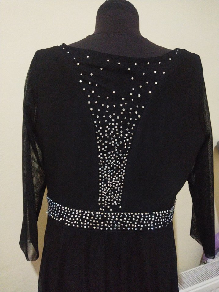 Siyah Uzun Kollu Pul İşlemeli Abiye Elbise - Görsel 4