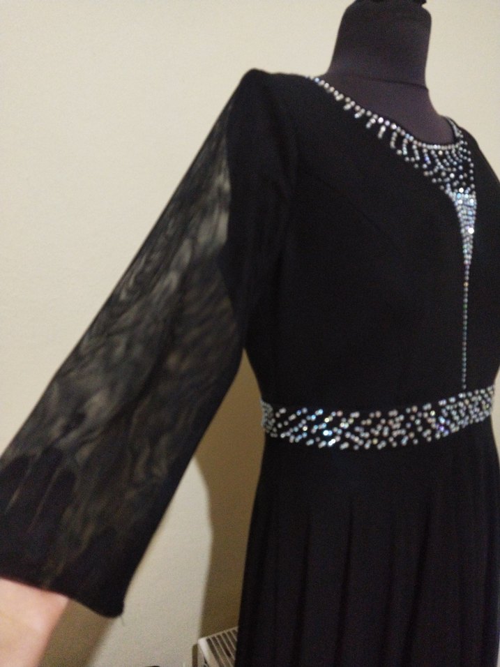 Siyah Uzun Kollu Pul İşlemeli Abiye Elbise - Görsel 5