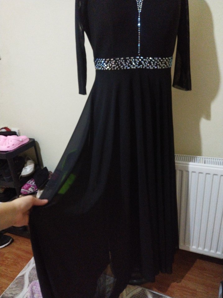 Siyah Uzun Kollu Pul İşlemeli Abiye Elbise - Görsel 2