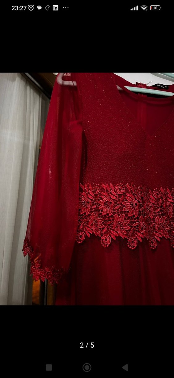 Bordo Uzun Kollu V Yaka Kadın Abiye - Görsel 2