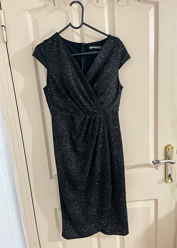 Siyah V Yakalı Drapeli Midi Abiye Elbise - Görsel 2