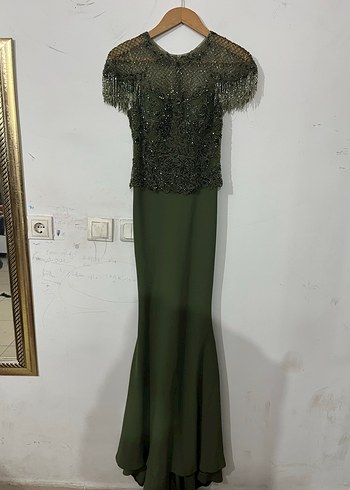 Boncuk İşlemeli Uzun Haki Kadın Hint Elbisesi - Görsel 2