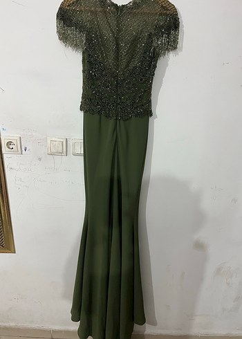 Boncuk İşlemeli Uzun Haki Kadın Hint Elbisesi - Görsel 3