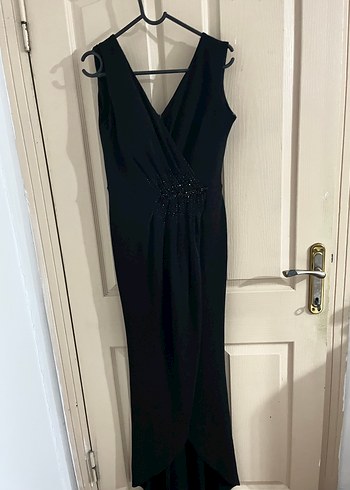 Siyah Drapeli V Yaka Midi Abiye Elbise - Görsel 4