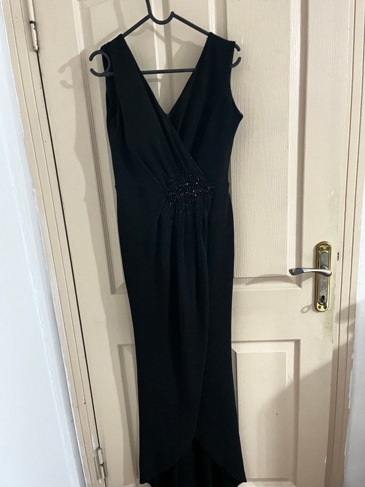 Siyah Drapeli V Yaka Midi Abiye Elbise - Görsel 4