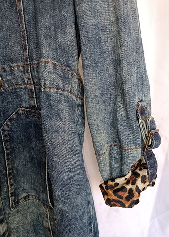 Puane Leopar Desenli Düğmeli Mavi Denim Ceket