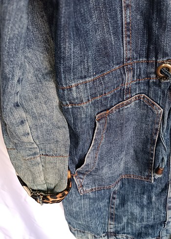 m Beden Leopar Desenli Düğmeli Mavi Denim Ceket