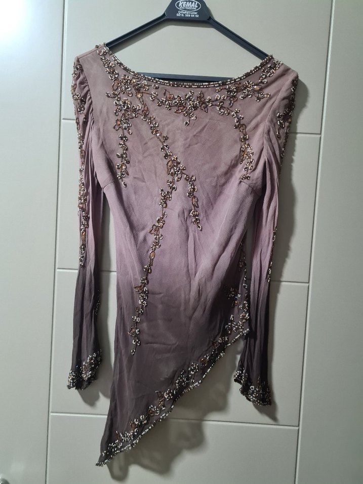 Uzun Kollu, V Yaka, Drapeli Kadın Bluz - Görsel 2