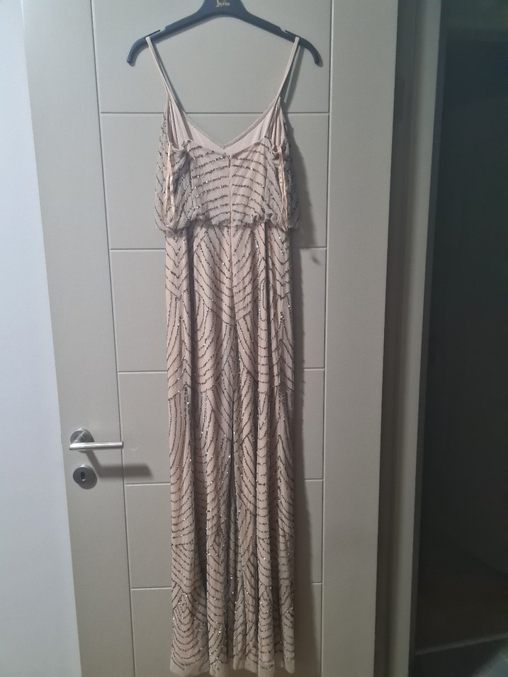 Bej Pilili V Yaka Uzun Kadın Abiye Elbise - Görsel 2