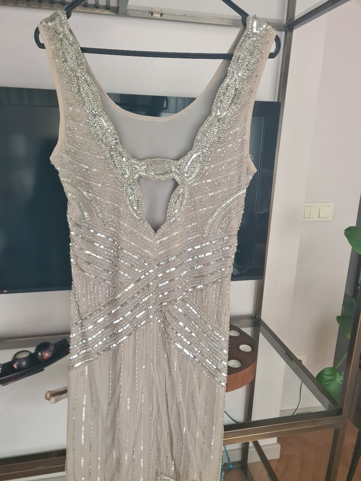 Boncuk İşlemeli V Yaka Uzun Abiye Elbise - Görsel 2