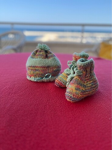 0-3 Ay, 15 cm Beden turkuaz Renk Haute Couture Wool Ball baby Skullcup and Booties