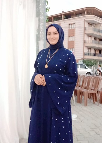 42 Beden Uzun Kollu İşlemeli Mavi Kadın Elbisesi