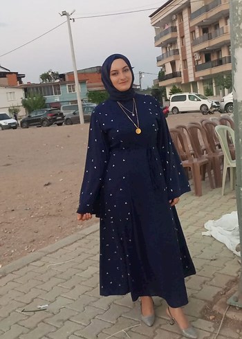 42 Beden mavi Renk Uzun Kollu İşlemeli Mavi Kadın Elbisesi