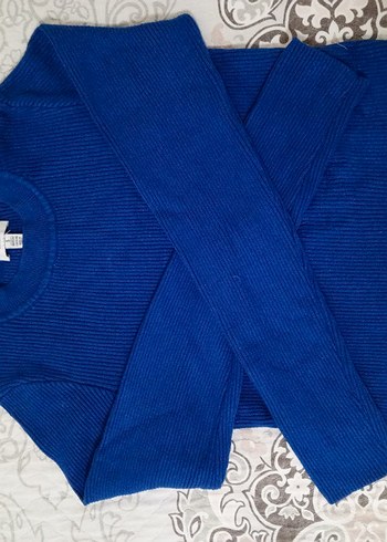 Dik Yaka Mavi Örgü Kadın Kazak mavi s - Görsel 2