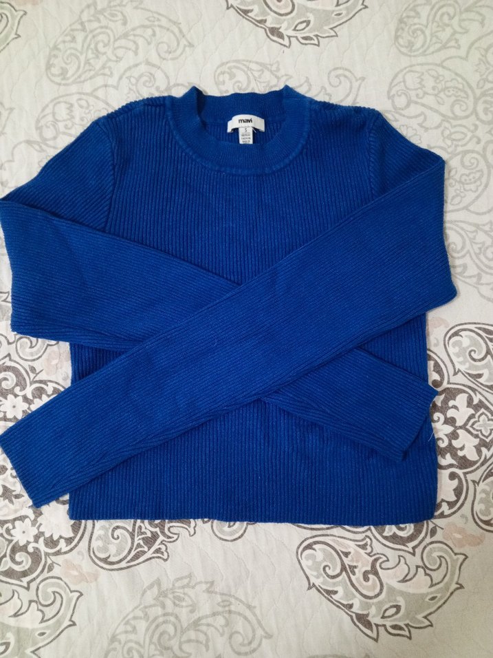 Dik Yaka Mavi Örgü Kadın Kazak mavi s - Görsel 5