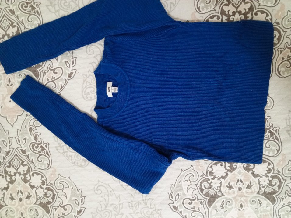 Dik Yaka Mavi Örgü Kadın Kazak mavi s - Görsel 3