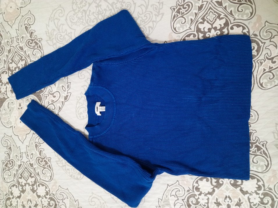 Dik Yaka Mavi Örgü Kadın Kazak mavi s - Görsel 4