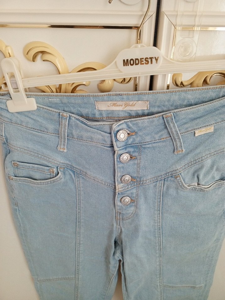 Mavi Düğmeli Midi Boy Kadın Denim Pantolon - Görsel 4