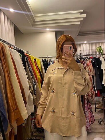 Keten göz detaylı camel gömlek