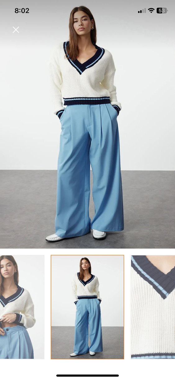 V Yaka Mavi Detaylı Örgü Kadın Kazak - Görsel 2