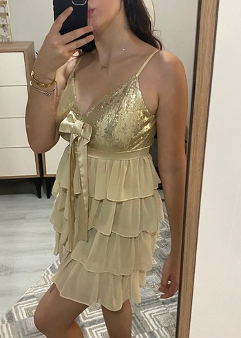 36 Beden Bej Fırfırlı Mini Bohem Elbise