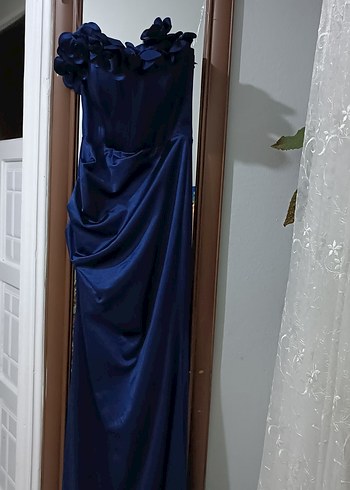 Parlak Lacivert Drapeli Uzun elbise - Görsel 11