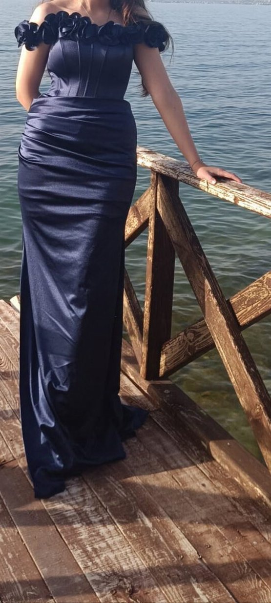 Parlak Lacivert Drapeli Uzun elbise - Görsel 2