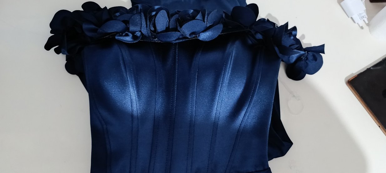 Parlak Lacivert Drapeli Uzun elbise - Görsel 4