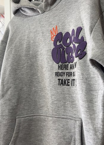 l Beden Gri Kapüşonlu Baskılı Oversize Sweatshirt