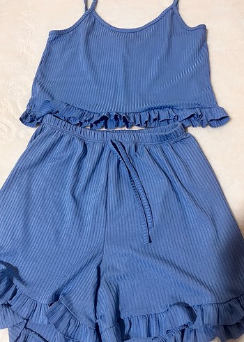 Diğer Mavi Fırfırlı İnce Askılı Kadın Pijama Takımı