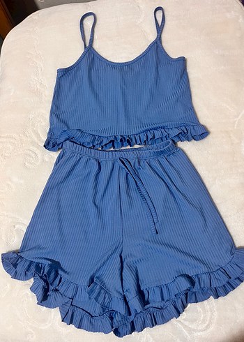 Mavi Fırfırlı İnce Askılı Kadın Pijama Takımı