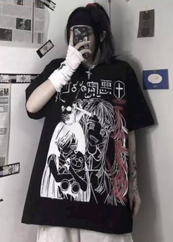 Anime Harujuku Siyah tişört - Görsel 2