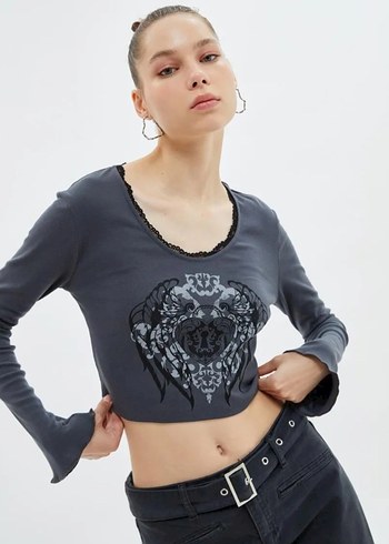 Y2k grunge tarzı gri bluz
