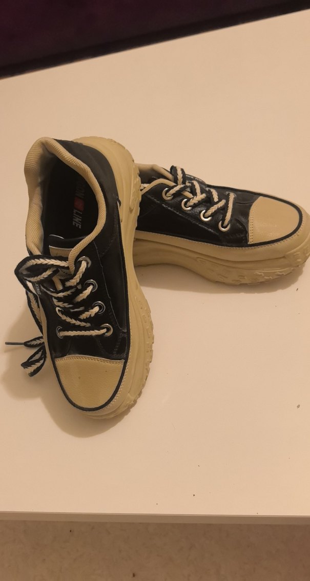 Bej Siyah Platform Topuklu Bağcıklı Kadın Spor Ayakkabı - Görsel 2