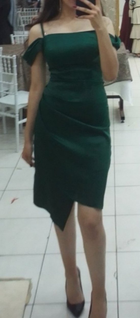 Drapeli Parlak Yeşil Mini Abiye Elbise - Görsel 2