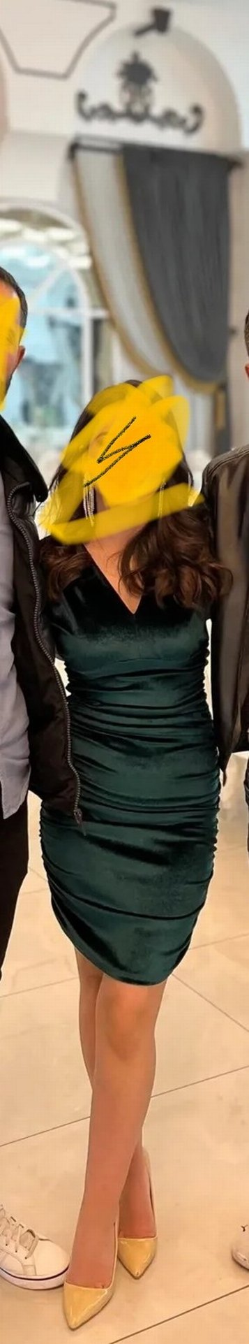 zümrüt yeşili kadife uzun Kollu Kalem Elbise - Görsel 2