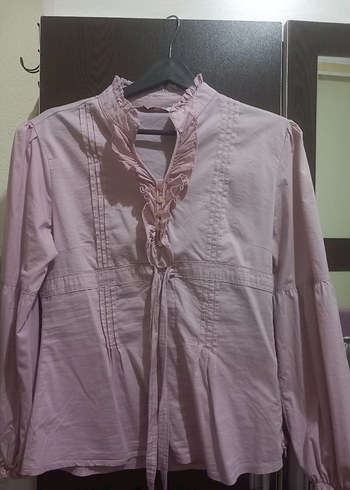 Pembe Fırfırlı Uzun Kollu Gömlek Bluz