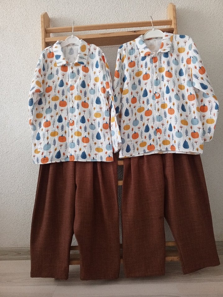 1-5 yaş Kahverengi şalvar ve Desenli Gömlek Takımı - Görsel 2