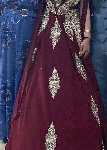 Henna Gelinlik Bordo Uzun Kolsuz Nakışlı Kadın Hint Elbisesi