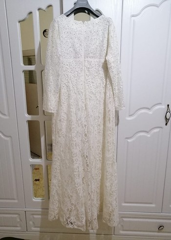 Uzun Kollu Beyaz Dantel Tesettür Nikah Elbisesi - Görsel 5