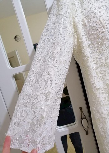 Uzun Kollu Beyaz Dantel Tesettür Nikah Elbisesi - Görsel 6