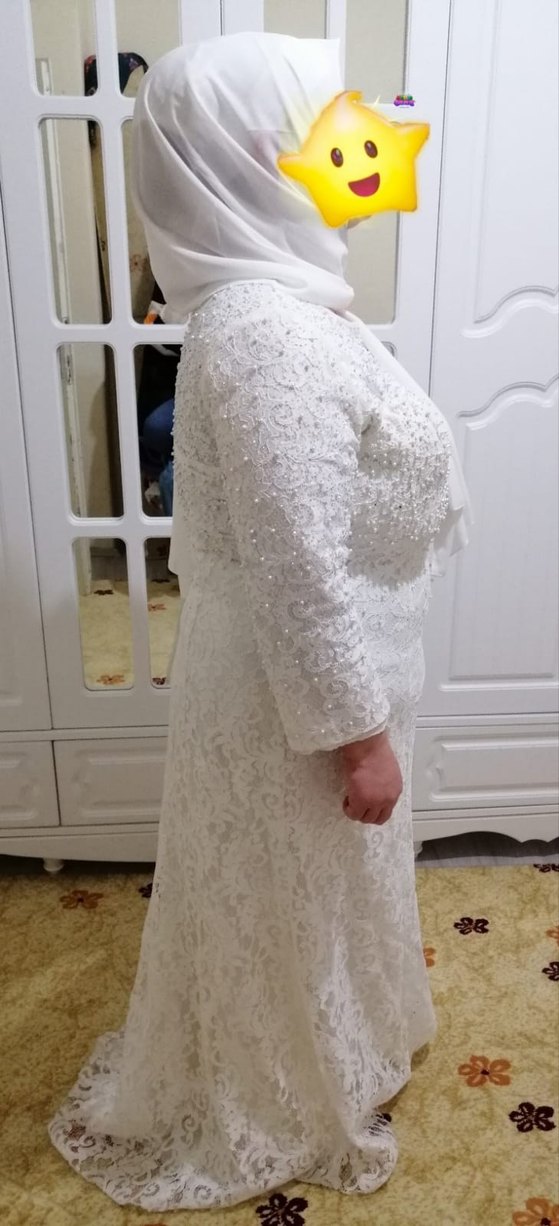 Uzun Kollu Beyaz Dantel Tesettür Nikah Elbisesi - Görsel 2