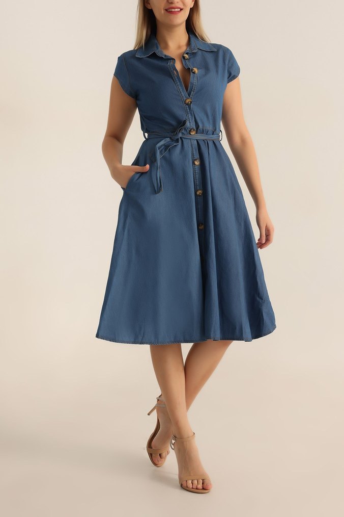 Kemerli Lacivert Midi Kot Elbise - Görsel 3